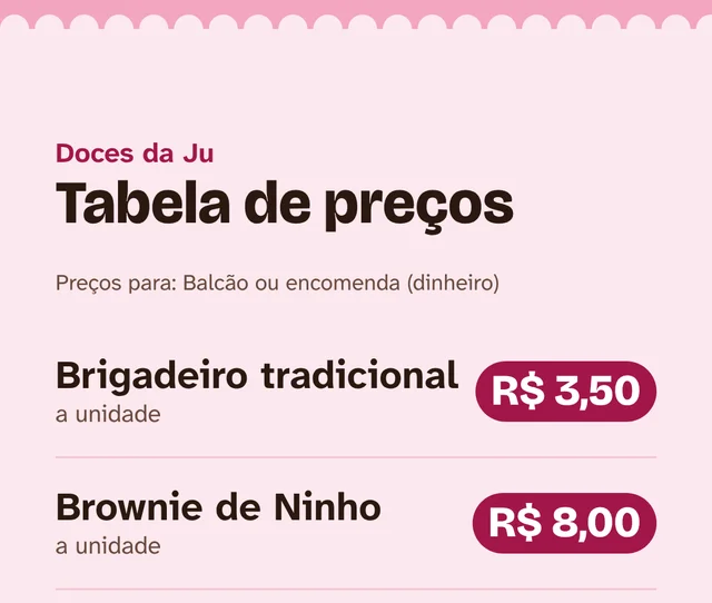 Imagem de tabela de preços gerada pelo app, tema rosa: Brigadeiro tradicional R$ 3,50 a unidade e Brownie de Ninho R$ 8,00 a unidade.